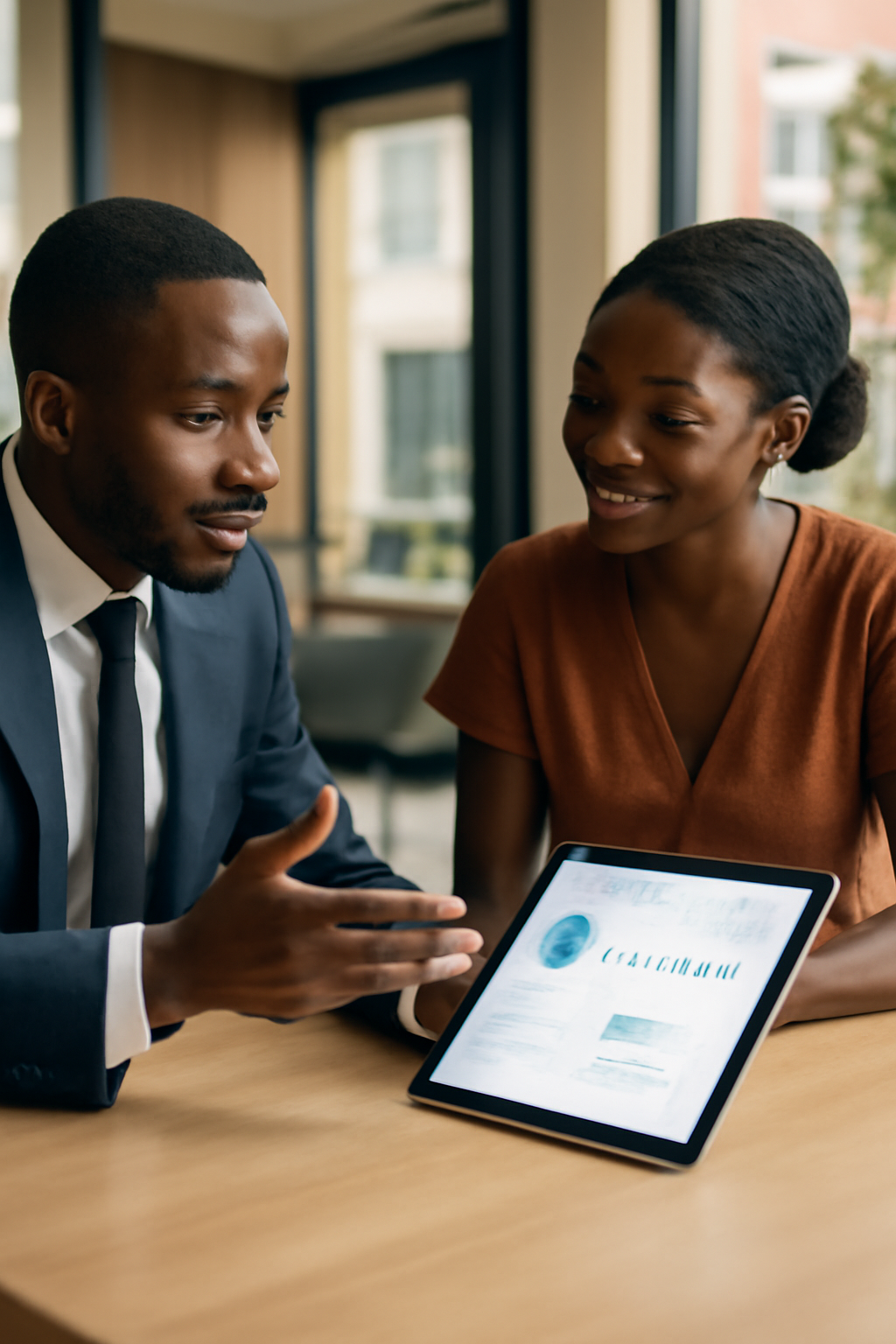 Ghanaian consultant discussing dashboard with a business owner