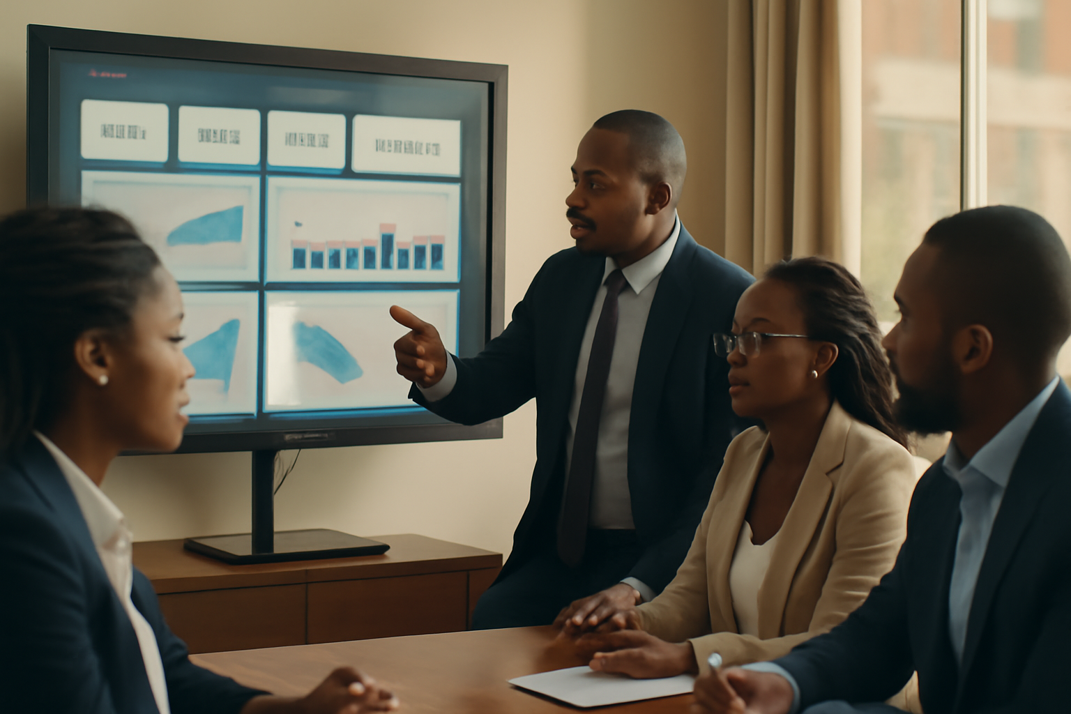 Ghanaian executive team reviewing dashboards in a modern boardroom