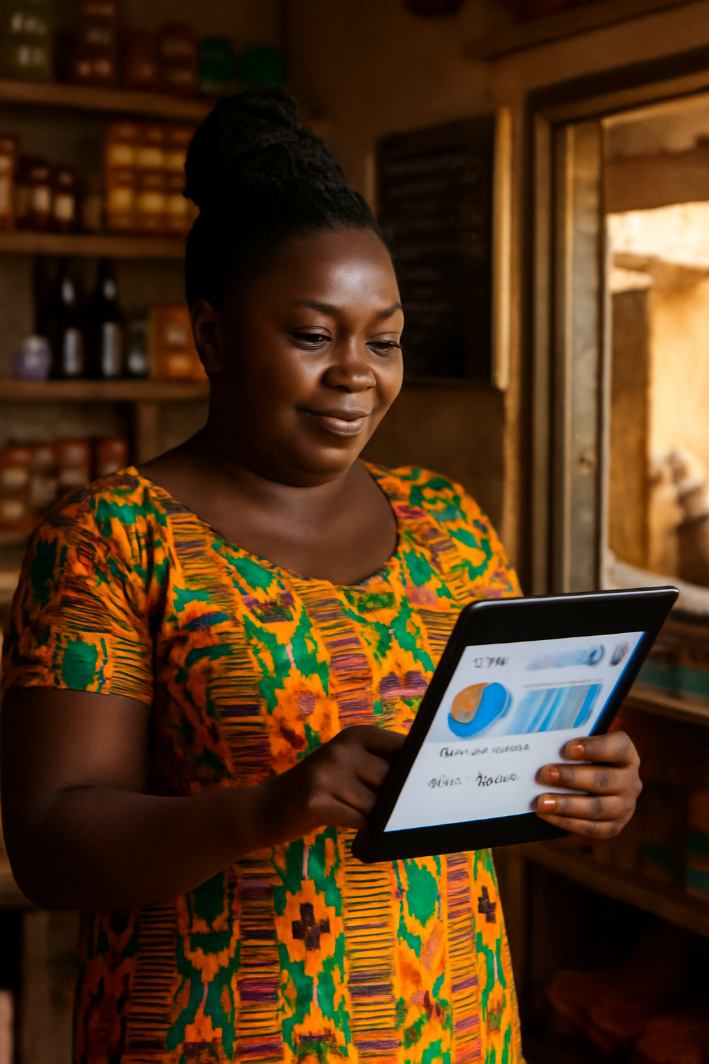 Ghanaian business owner reviewing dashboard on a laptop